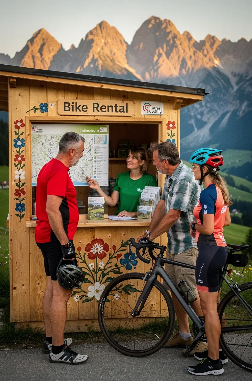 Moderná požičovňa bicyklov v centre mesta s rôznymi typmi bicyklov pripravenými na výpožičku.